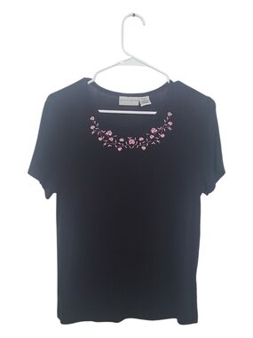 Jaclyn Smith Black Short-Sleeve Tee with Pink Floral Neckline